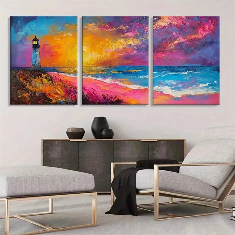 3pcs Vibrant Lighthouse and Ocean Sunset Perfect Wall Art Set Canvas Framed 40x60cm - High Quality Print 100% Australian Made Wall Canvas Ready to Hang