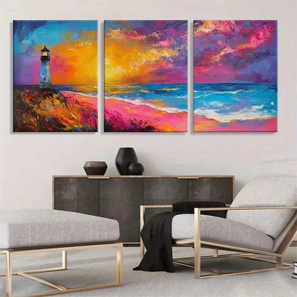 3pcs Vibrant Lighthouse and Ocean Sunset Perfect Wall Art Set Canvas Framed 40x60cm - High Quality Print 100% Australian Made Wall Canvas Ready to Hang