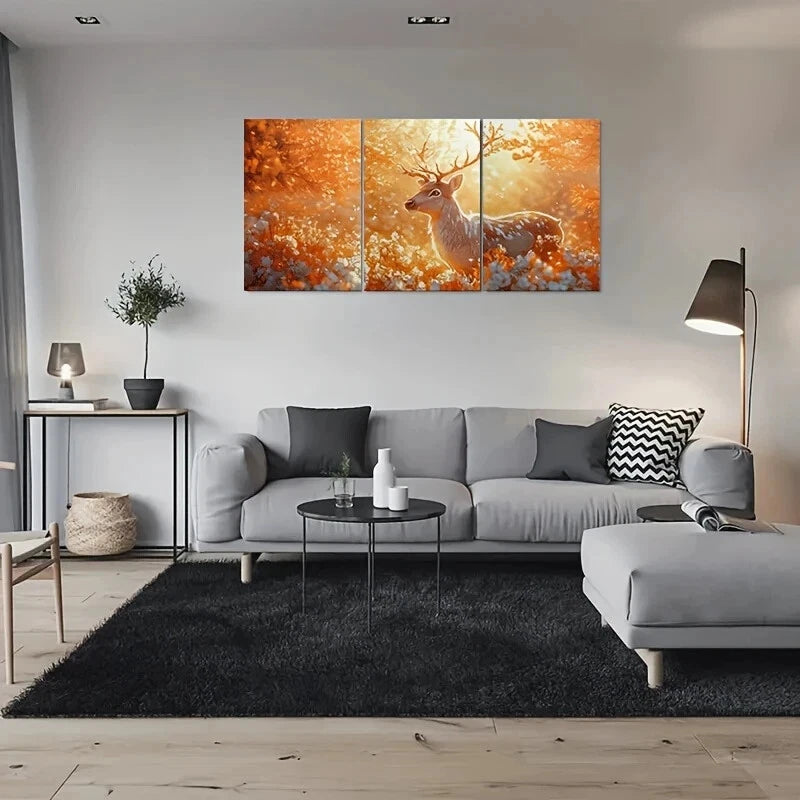3pcs Golden Forest Deer Modern Metal Print Ready to Hang Art