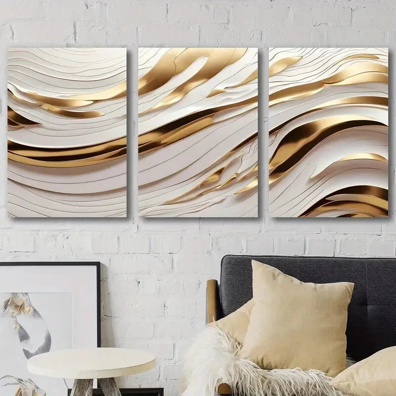3pcs White Golden Wave Lines Creative Perfect Wall Art Set Canvas Framed 40x60cm - High Quality Print 100% Australian Made Wall Canvas Ready to Hang