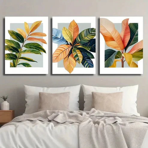 3pcs Modern Botanical Orange Blue Leave Wall Art Canvas Unframed - High Quality Print 100% Australian Made Wall Canvas