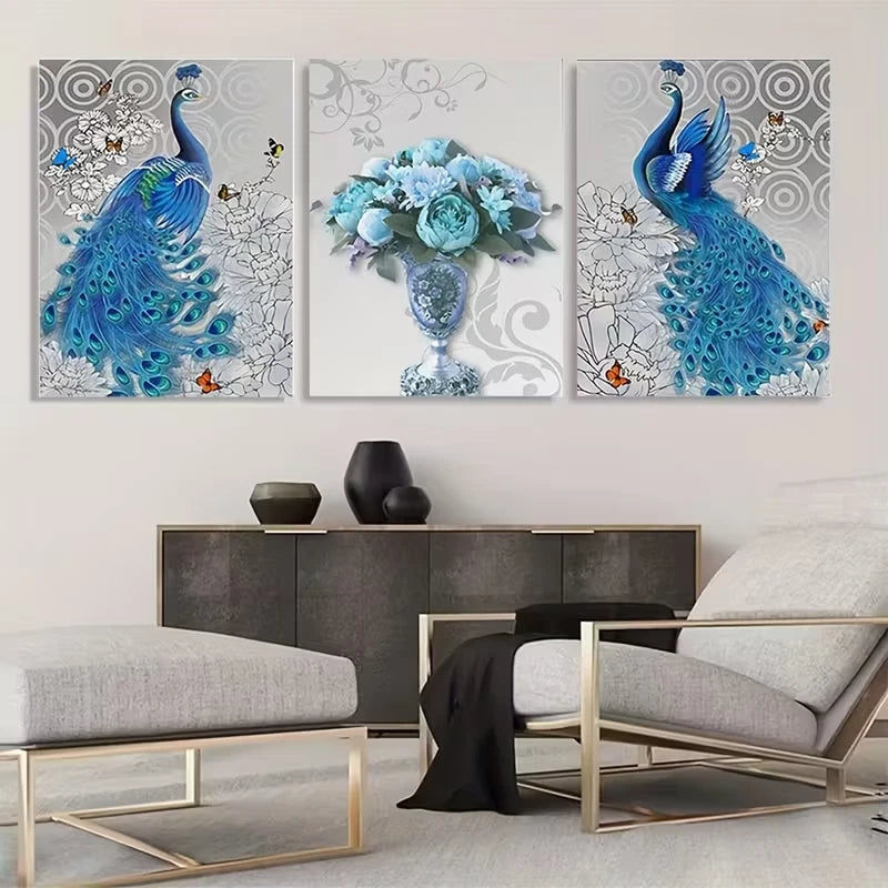 3pcs Blue Peacock Elegant Flower Bouquet Vase  Wall Art Set Canvas Framed 60x90cm - High Quality Print 100% Australian Made Wall Canvas Ready to Hang