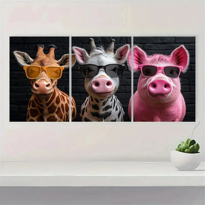 3pcs Animals with Glasses Funny Animal Metal Print Ready to Hang Art
