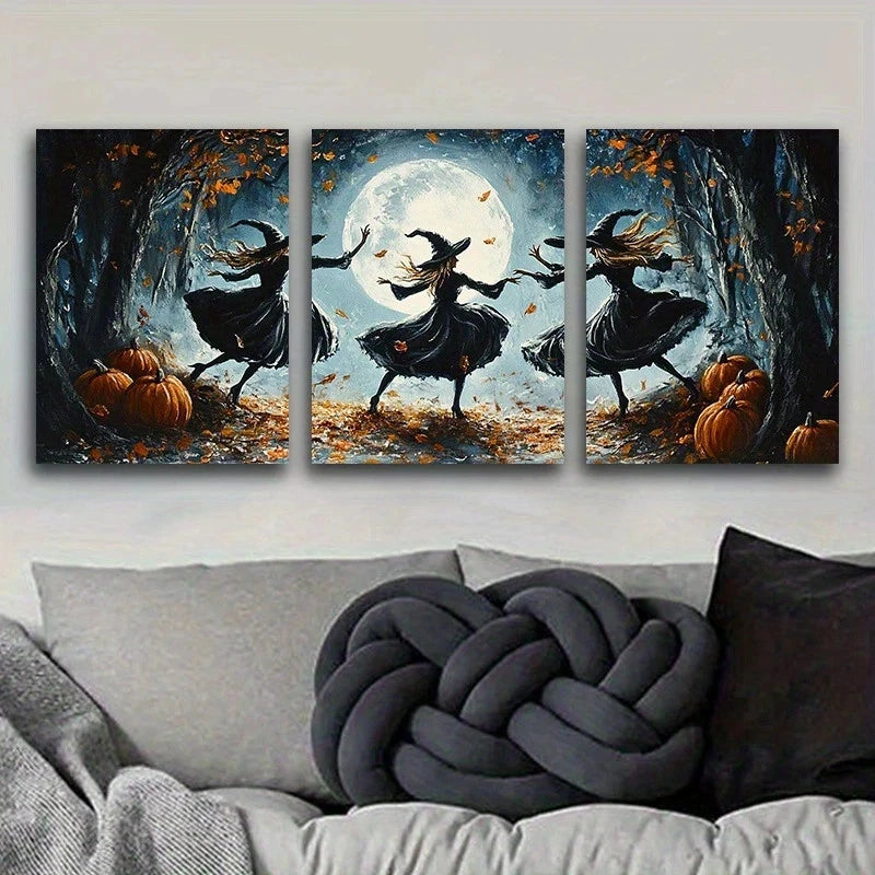 3pcs Whimsical Witches Dancing Under Full Moon Metal Print Ready to Hang Art