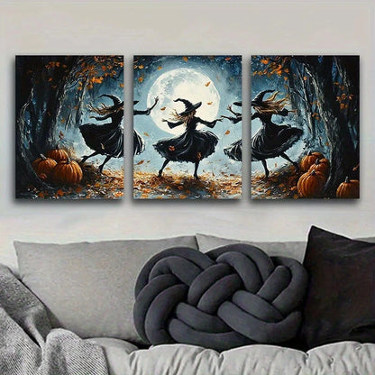 3pcs Whimsical Witches Dancing Under Full Moon Metal Print Ready to Hang Art