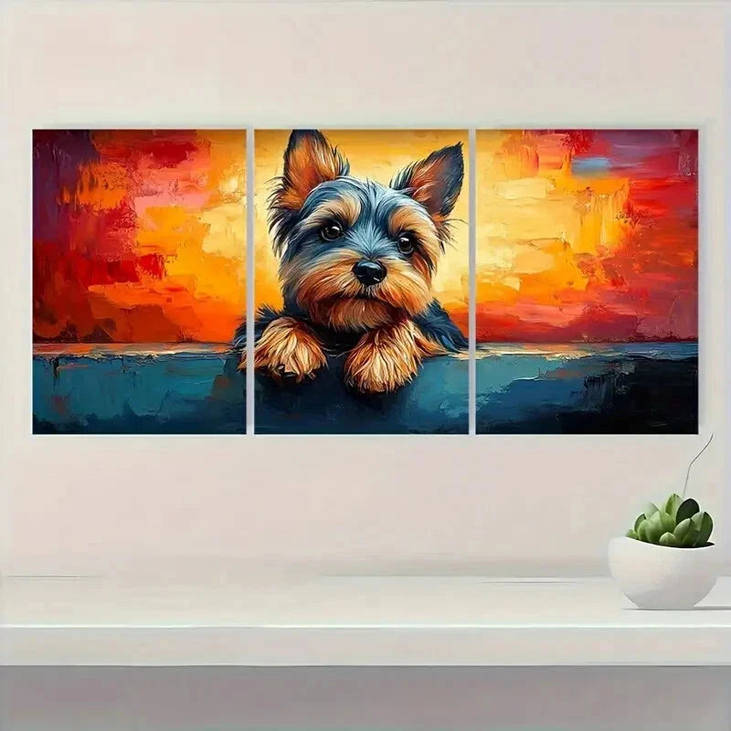 3pcs Vibrant Yorkshire Terrier Dog Painting Metal Print Ready to Hang Art