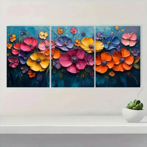 3pcs Colorful Textured Flower Wall Art Canvas Unframed - High Quality Print 100% Australian Made Wall Canvas