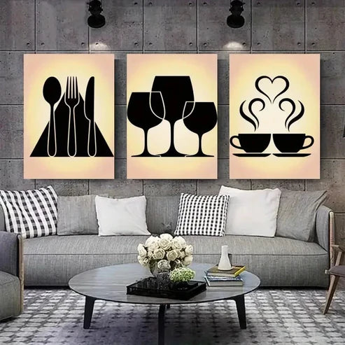 3pcs Cutlery, Wine Glasses, Coffee Cups Wall Art Canvas Unframed - High Quality Print 100% Australian Made Wall Canvas