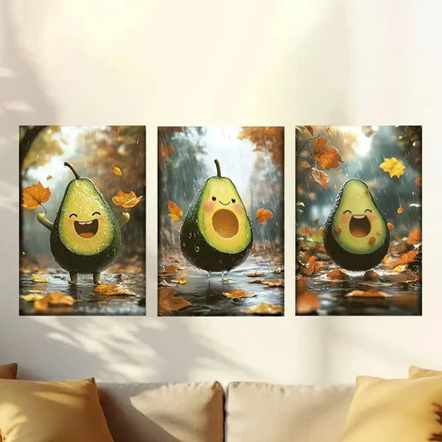 3pcs Happy Avocados Wall Art Canvas Unframed - High Quality Print 100% Australian Made Wall Canvas