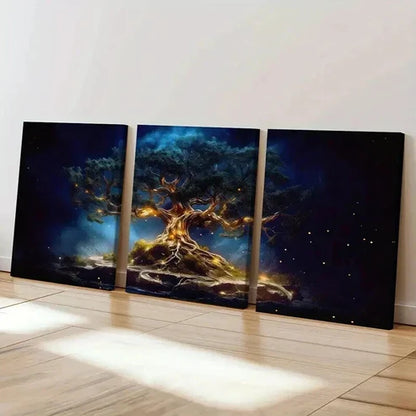 3pcs Glowing Lights Starry Night & Mystical Tree Wall Art Canvas Unframed - High Quality Print 100% Australian Made Wall Canvas