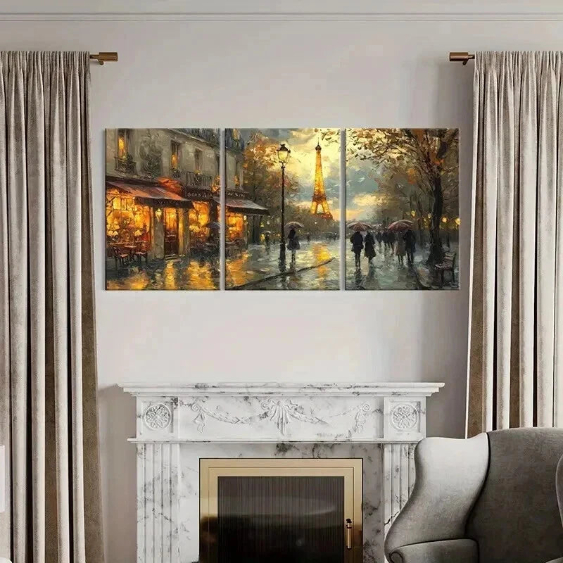 3pcs Parisian Rain Eiffel Tower Cozy Streetscape Wall Art Set Canvas Framed 40x60cm - High Quality Print 100% Australian Made Wall Canvas Ready to Hang