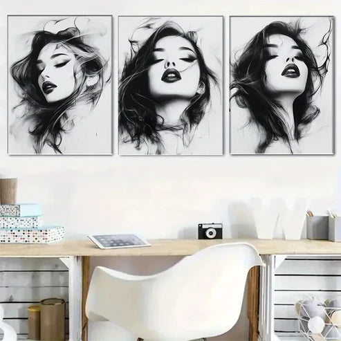 3pcs Monochrome Portrait Flowing Hair Wall Art Set Canvas Unframed - High Quality Print 100% Australian Made Wall Canvas