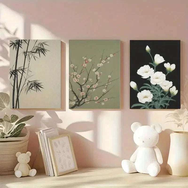 3pcs Bamboo Plum Blossom White Flowers Paintings Metal Print Ready to Hang Art