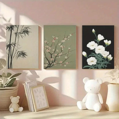 3pcs Bamboo Plum Blossom White Flowers Paintings Metal Print Ready to Hang Art