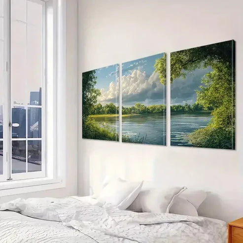 3pcs Serene River & Clouds And Green Nature Wall Art Set Canvas Framed 60x90cm - High Quality Print 100% Australian Made Wall Canvas Ready to Hang