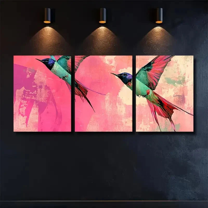 3pcs Artistic Collage of Swallows Flying Fuchsia Metal Print Ready to Hang Art