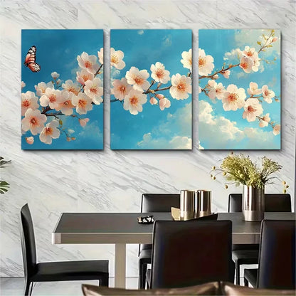 3pcs Soft Blue Sky with Butterfly White Blossoms Metal Print Ready to Hang Art