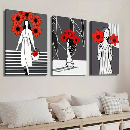 3pcs Abstract Black & Recd Flower Girl Perfect Wall Art Set Canvas Framed 40x60cm - High Quality Print 100% Australian Made Wall Canvas Ready to Hang