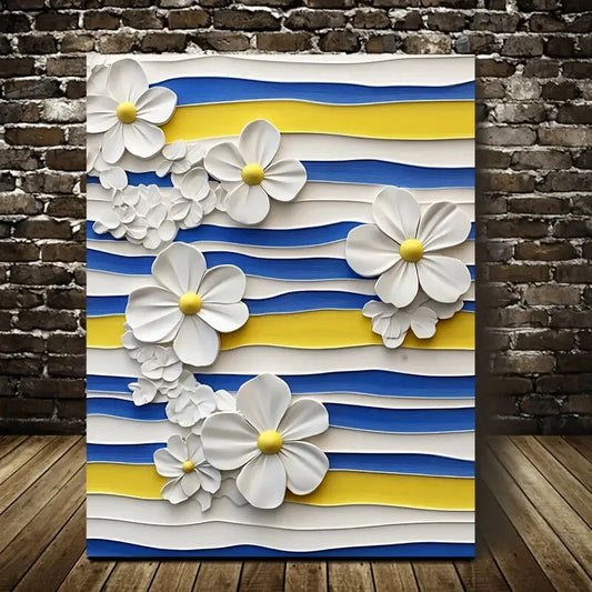 Featuring Blue And White Stripes with Yellow Painting  40x60cm Metal Print Ready to Hang