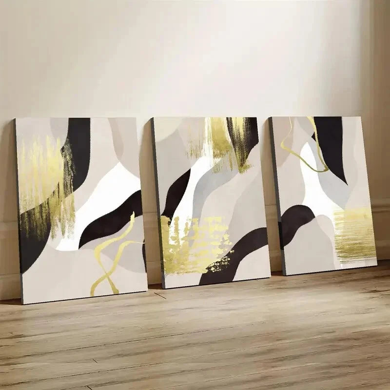 3pcs Abstract Black & Golden Décor Perfect Wall Art Set Canvas Framed 40x60cm - High Quality Print 100% Australian Made Wall Canvas Ready to Hang