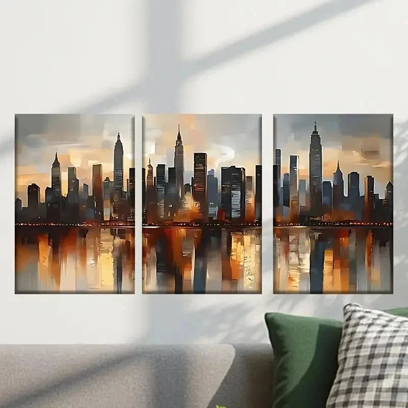 3pcs Painting of a City Skyline with Buildings Wall Art Set Canvas Framed 40x60cm - High Quality Print 100% Australian Made Wall Canvas Ready to Hang
