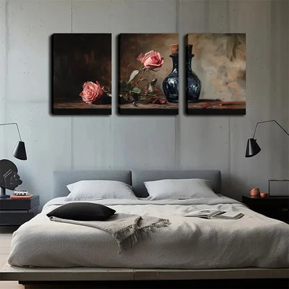3pcs Pink Roses & Dark Bottles Dark Perfect Wall Art Set Canvas Framed 40x60cm - High Quality Print 100% Australian Made Wall Canvas Ready to Hang