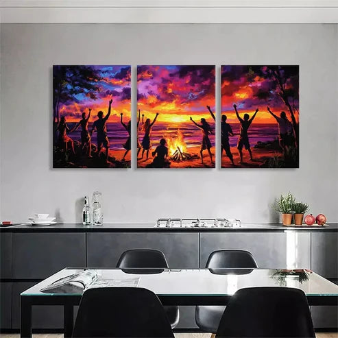 3pcs Beach Bonfire Sunset Celebration Perfect Wall Art Set Canvas Unframed - High Quality Print 100% Australian Made Wall Canvas