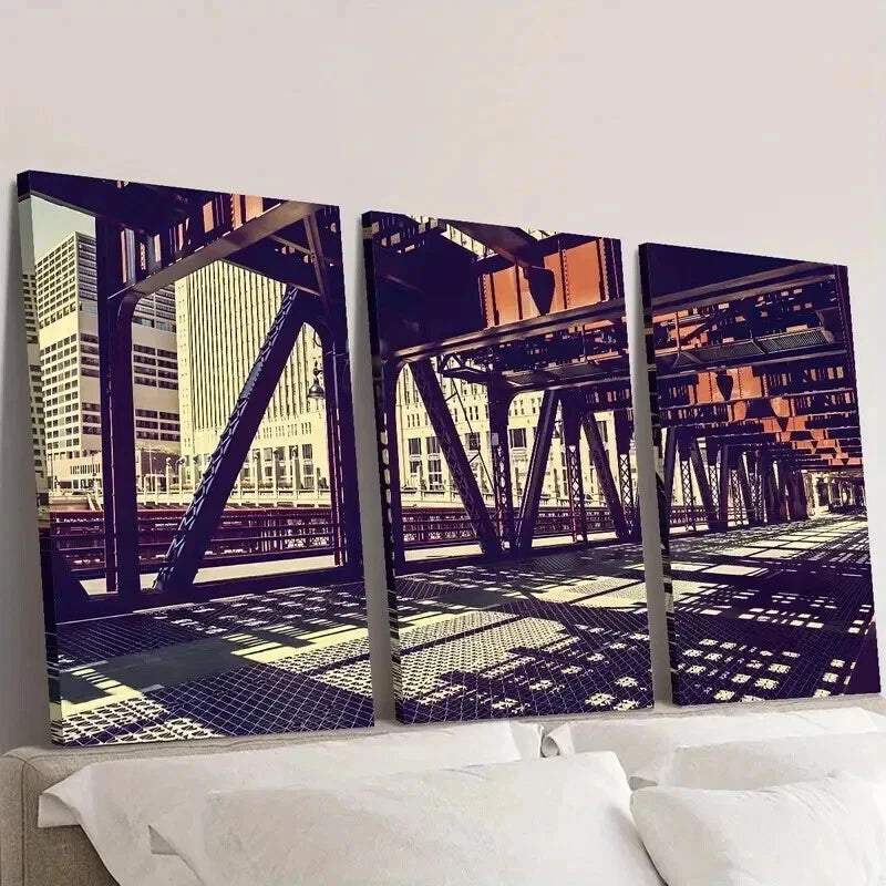 3pcs Chicago Illinois Bridge Architecture Wall Art Set Canvas Framed 60x90cm - High Quality Print 100% Australian Made Wall Canvas Ready to Hang