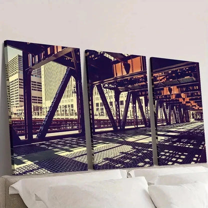 3pcs Chicago Illinois Bridge Architecture Wall Art Set Canvas Framed 60x90cm - High Quality Print 100% Australian Made Wall Canvas Ready to Hang