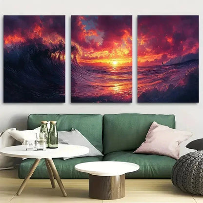 3pcs The Wave Synthwave Style Ocean Wall Art Set Canvas Framed 40x60cm - High Quality Print 100% Australian Made Wall Canvas Ready to Hang