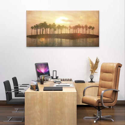Tropical Island Sunset with Palm Trees Wall Art Canvas Office Home Framed 120x60cm