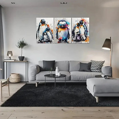 3pcs Colorful Penguin Family Blue Themed Metal Print Ready to Hang Art