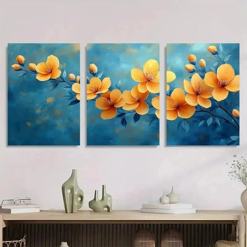 3pcs Colorful Flower Blue Yellow Perfect Wall Art Set Canvas Framed 40x60cm - High Quality Print 100% Australian Made Wall Canvas Ready to Hang