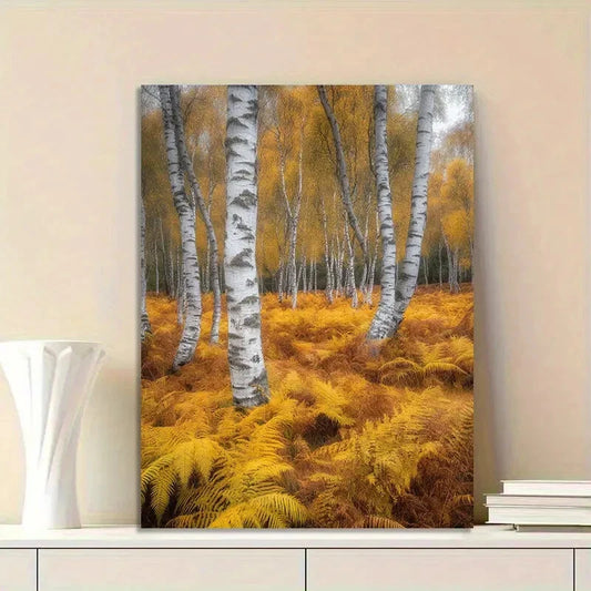 Birch Forest in Autumn, with Yellow Leaves And Green 40x60cm Metal Print Ready to Hang