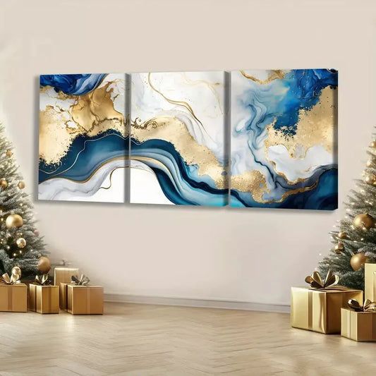 3pcs Abstract Swirls Of Painting In Colors Of Blue & Gold Canvas Framed 40x60cm - High Quality Print 100% Australian Made Wall Canvas Ready to Hang