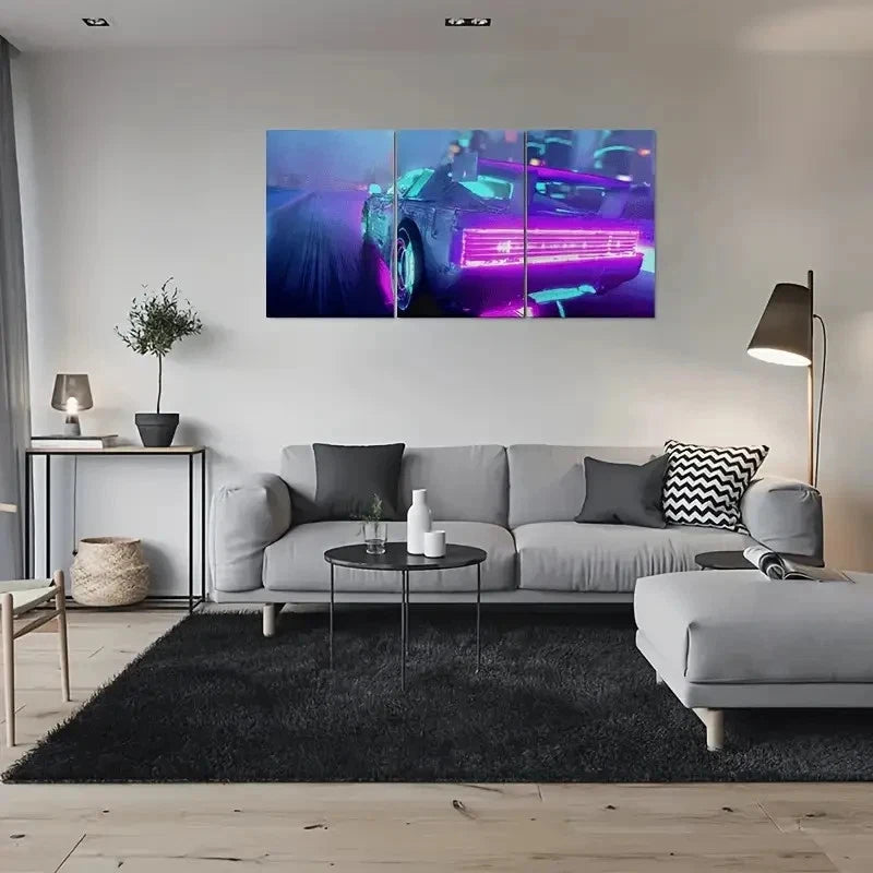 3pcs Urban Night Scene with Fluorescent Lighting Metal Print Ready to Hang Art