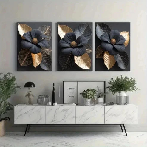 3pcs Black & Golden Floral Wall Art Canvas Unframed - High Quality Print 100% Australian Made Wall Canvas
