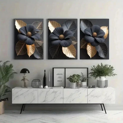 3pcs Black & Golden Floral Wall Art Canvas Unframed - High Quality Print 100% Australian Made Wall Canvas