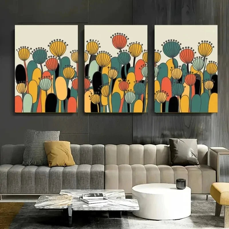 3pcs Abstract Flowers Geometric Shapes Metal Print Ready to Hang Art