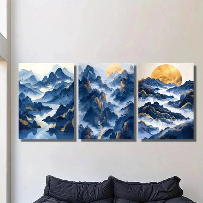 3pcs Mountains River and Golden Moon Wall Art Set Canvas Framed 40x60cm - High Quality Print 100% Australian Made Wall Canvas Ready to Hang