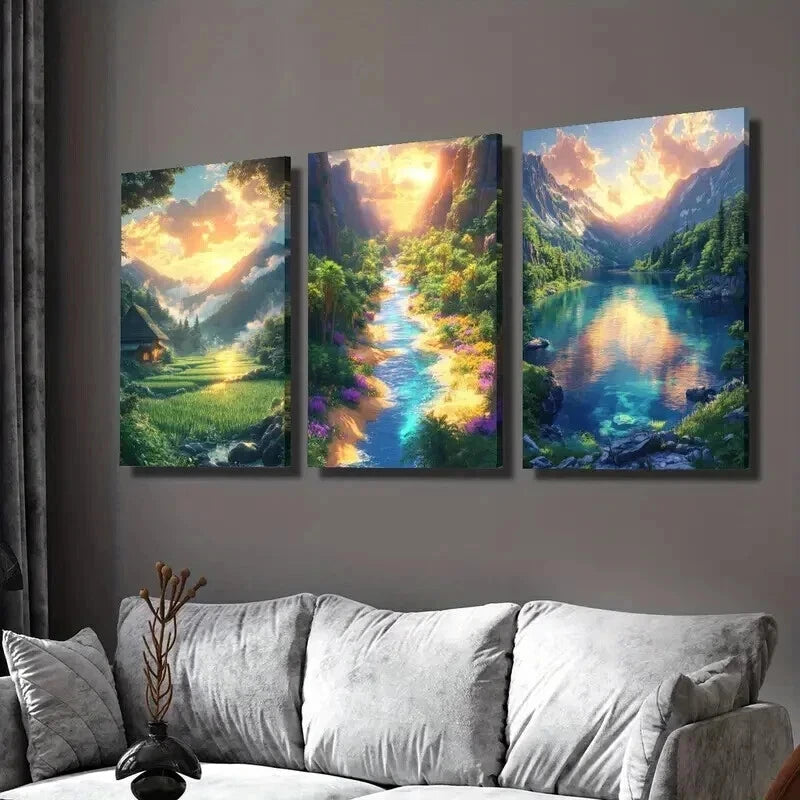 3pcs Beautiful Scenery of Waterfalls and Flowers Wall Art Set Canvas Framed 40x60cm - High Quality Print 100% Australian Made Wall Canvas Ready to Hang