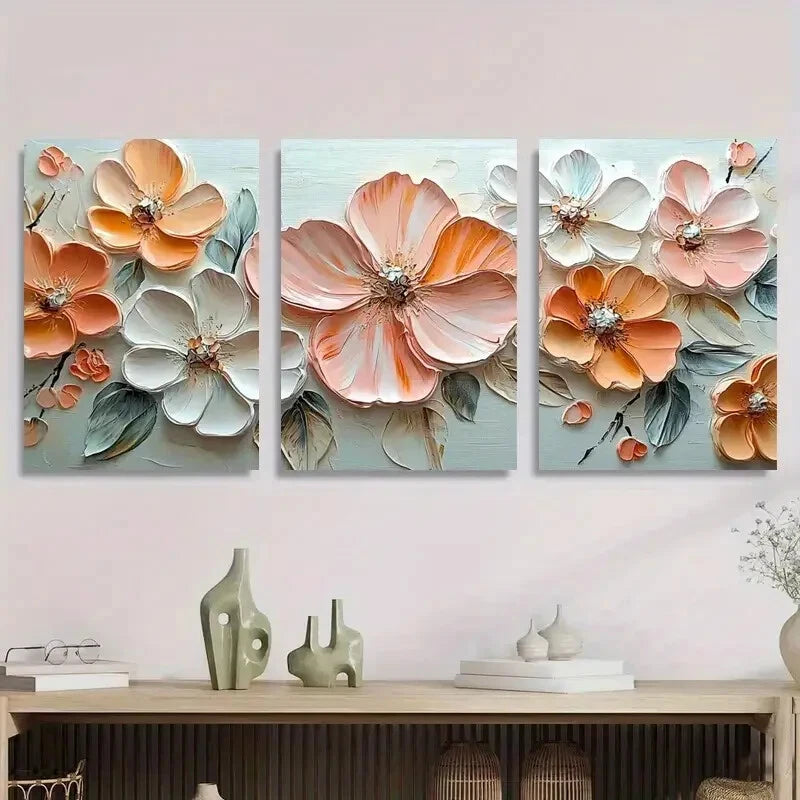 3pcs Floral Relief Art Painting Set Flower Metal Print Ready to Hang Art
