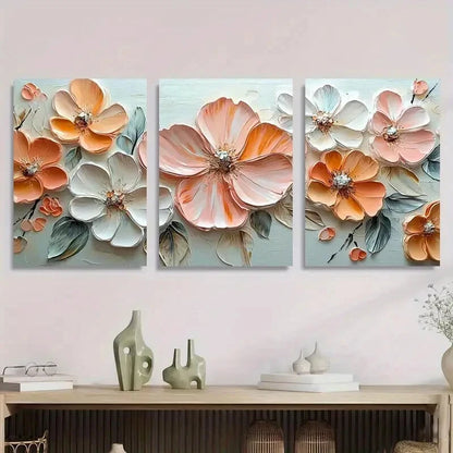 3pcs Floral Relief Art Painting Set Flower Metal Print Ready to Hang Art