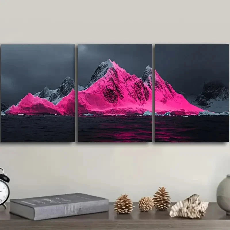 3pcs Vibrant Pink Mountain in a Dark Landscape Wall Art Set Canvas Framed 50x70cm - High Quality Print 100% Australian Made Wall Canvas Ready to Hang