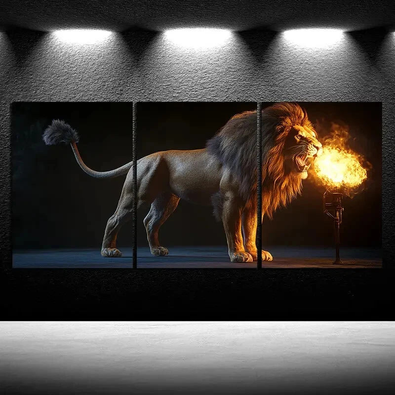 3pcs Running Lion Fire Big Tail Metal Print Ready to Hang Art