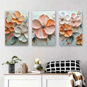 3pcs Floral Relief Art Painting Set Flower Metal Print Ready to Hang Art
