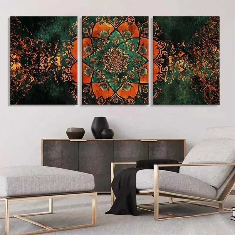 3pcs Orange and Green Mandala Flower Perfect Wall Art Set Canvas Framed 40x60cm - High Quality Print 100% Australian Made Wall Canvas Ready to Hang
