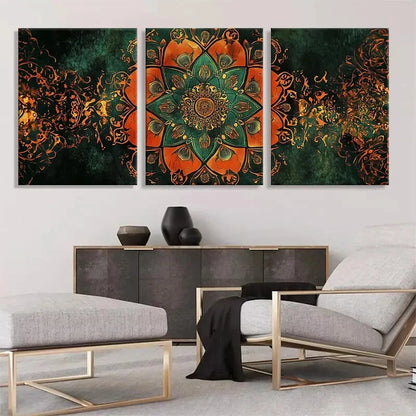 3pcs Orange and Green Mandala Flower Perfect Wall Art Set Canvas Framed 40x60cm - High Quality Print 100% Australian Made Wall Canvas Ready to Hang