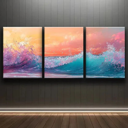 3pcs Colorful Beauty Ocean Waves at Sunset Water Wall Art Set Canvas Unframed - High Quality Print 100% Australian Made Wall Canvas