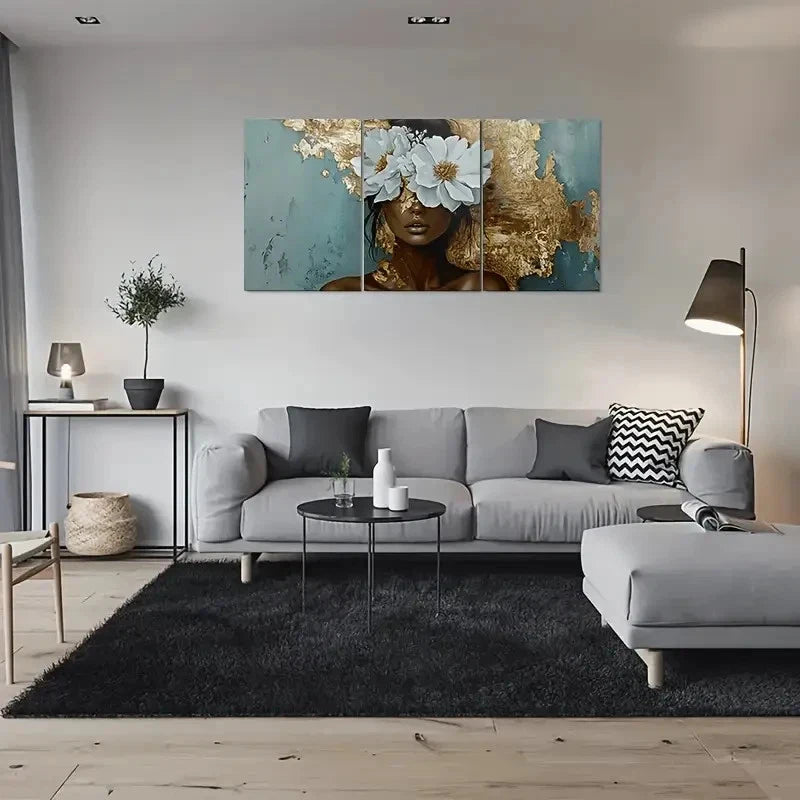 3pcs Modern Golden & Teal Floral Design Metal Print Ready to Hang Art